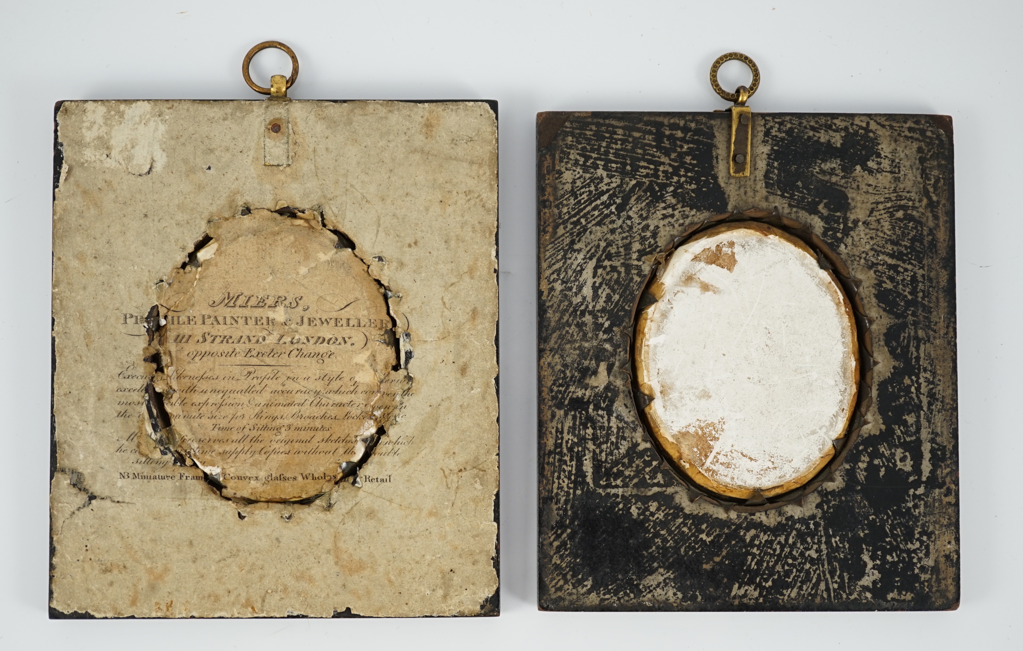 John Miers (1756-1821), Silhouettes of young ladies, painted and bronzed plaster (2), 8 x 6.5cm.